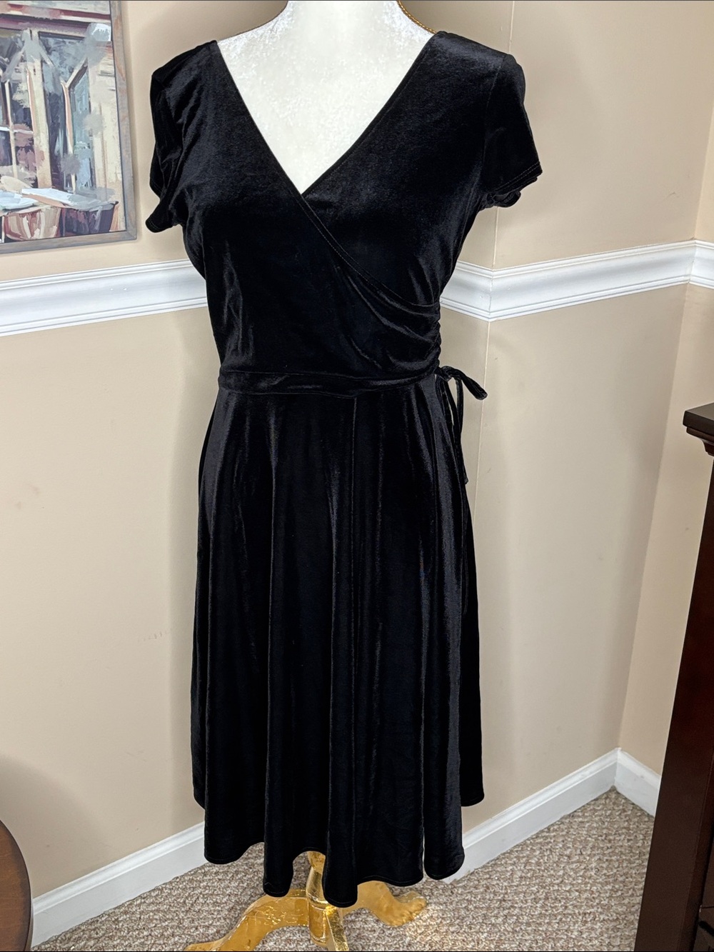London Times Black Velvet Wrap Dress with Short Sleeves